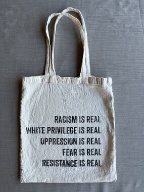 Anti-Racism Statement Linen Tote Bag 13x12 White Canvas Shoulder Book Bag